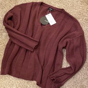 NEW Mittoshop Sz L Burgundy Plush And Cozy Crochet Knit Sweater With Frayed Hems